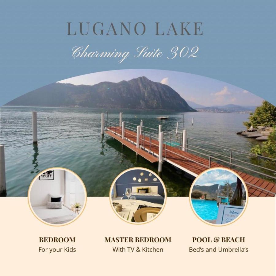 Luganersee, Pool, Strand, Parkplatz, Suite Bissone Kültér fotó
